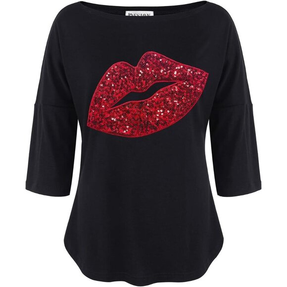 Women's Sequin Heart Love Shirt Plus Size Loose Tunic 3/4 Sleeve Boat Neck - Picture 6 of 6